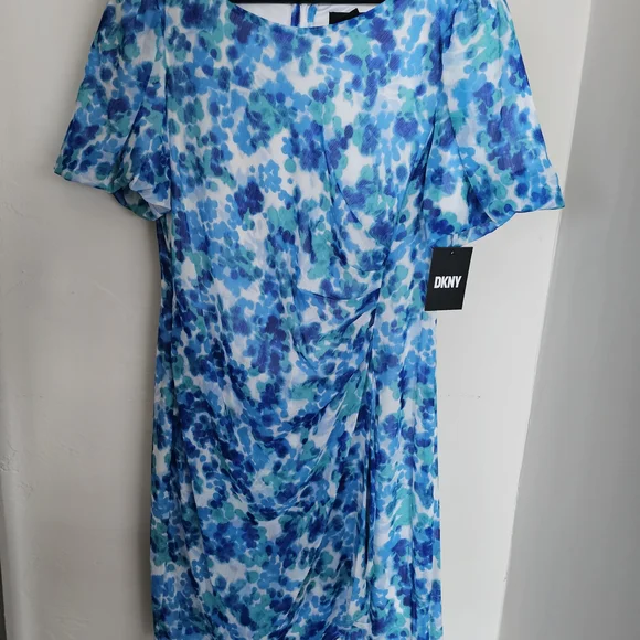 Dkny Blue Sheath Midi Dress with Puff Sleeves - Picture 6 of 7